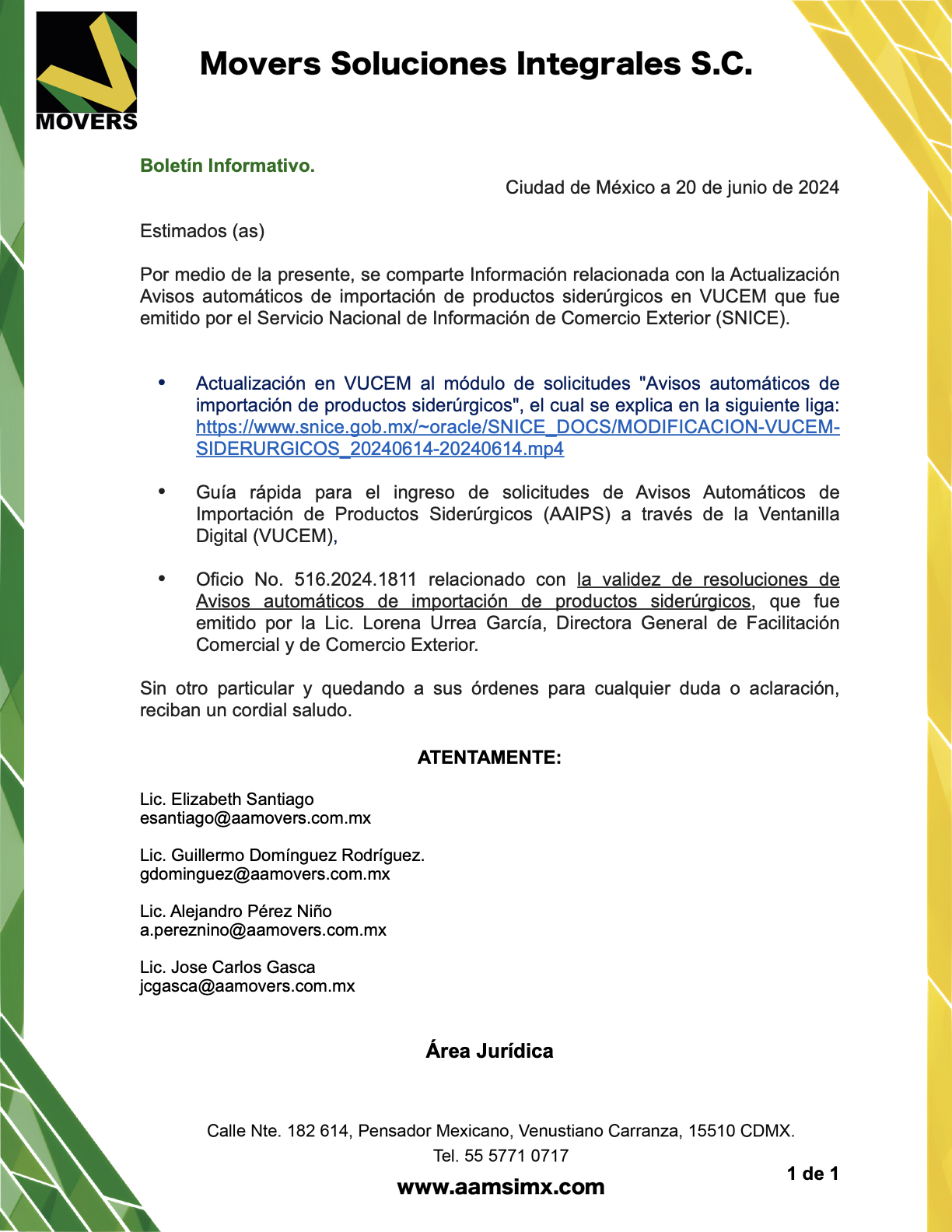 Actualización Avisos automáticos de importación de productos siderúrgicos en VUCEM que fue emitido por el Servicio Nacional de Información de Comercio Exterior (SNICE).