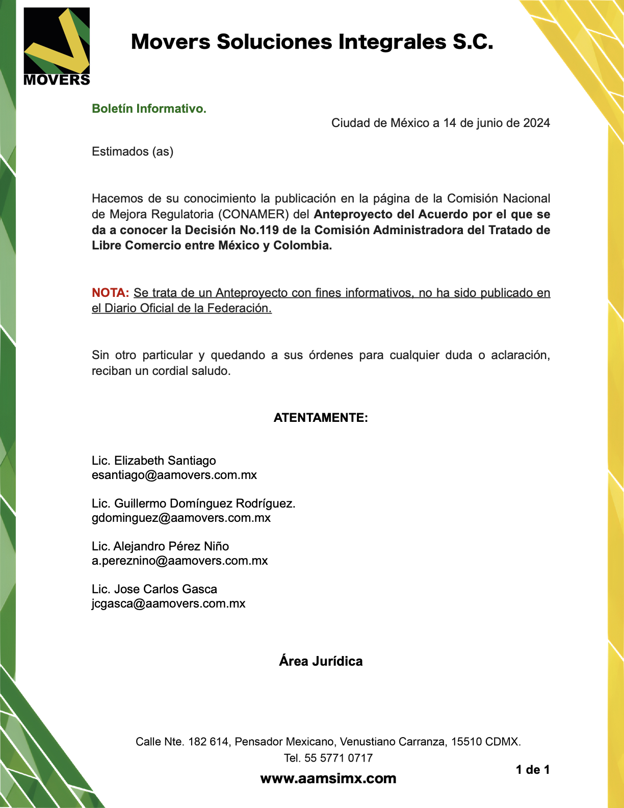 Anteproyecto del Acuerdo por el que se da a conocer la Decisión No.119 de la Comisión Administradora del Tratado de Libre Comercio entre México y Colombia.