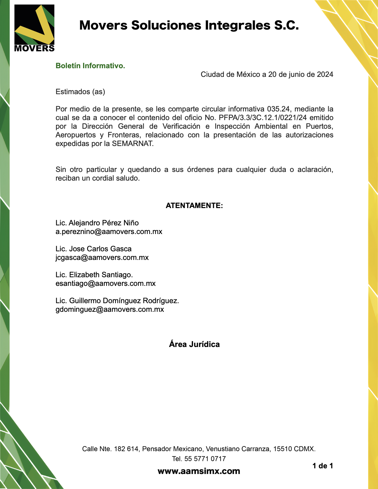 Circular informativa 035.24. Dirección General de Verificación e Inspección Ambiental en Puertos, Aeropuertos y Fronteras