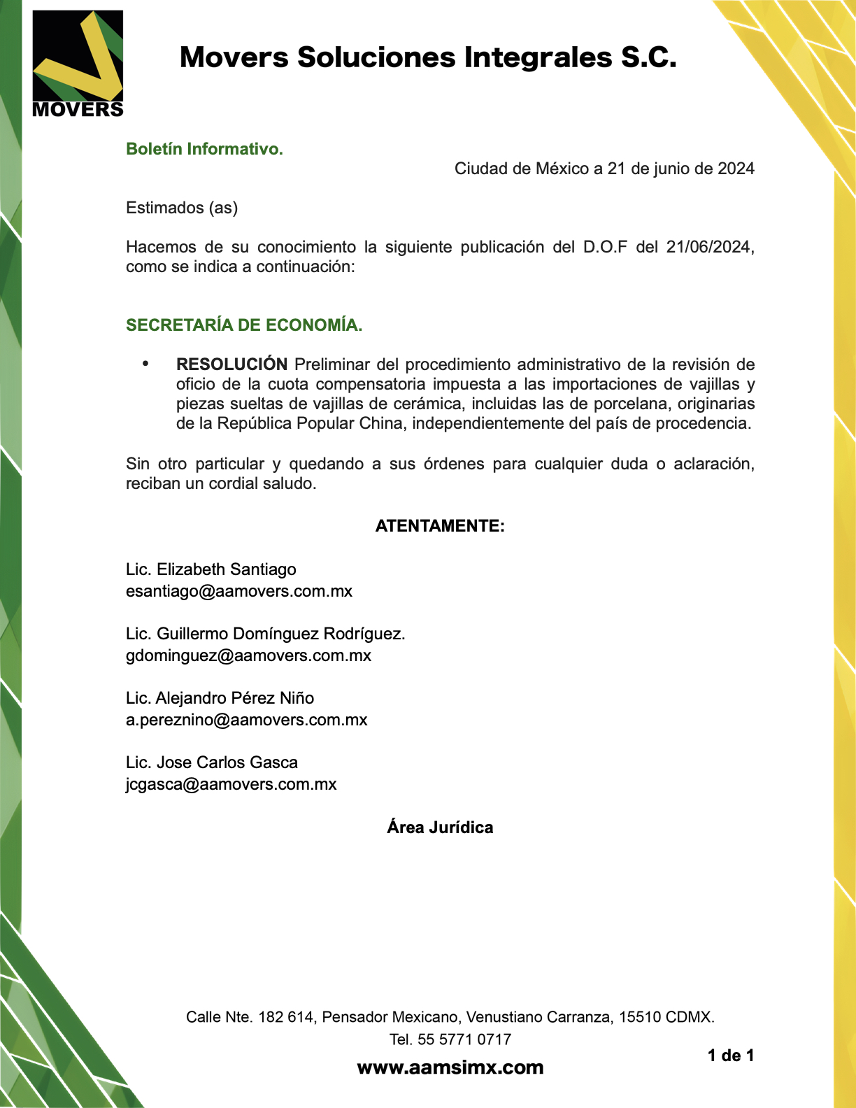 RESOLUCIÓN Preliminar del procedimiento administrativo de la revisión de oficio de la cuota compensatoria impuesta a las importaciones de vajillas y piezas sueltas de vajillas de cerámica, incluidas las de porcelana, originarias de la República Popular China, independientemente del país de procedencia.