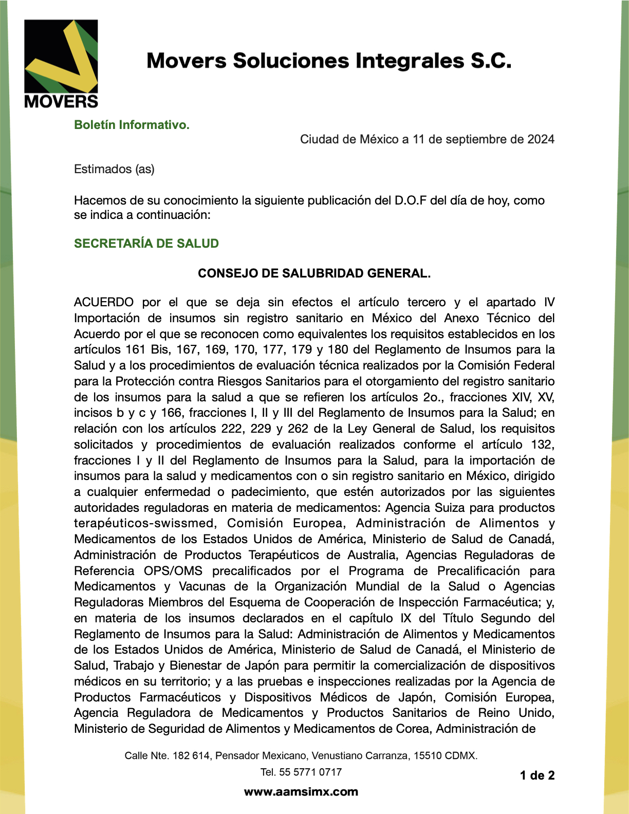 ACUERDO por el que se deja sin efectos el artículo tercero y el apartado IV Importación de insumos sin registro sanitario en México del Anexo Técnico del Acuerdo por el que se reconocen...