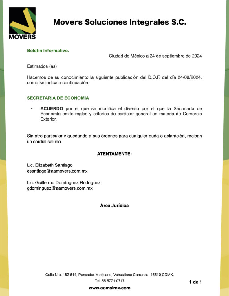 ACUERDO por el que se modifica el diverso por el que la Secretaría de Economía emite reglas y criterios de carácter general en materia de Comercio Exterior.