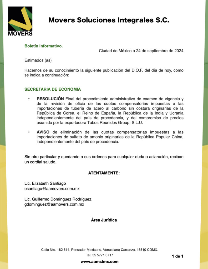 Diario Oficial de la Federación. Resolución y aviso.